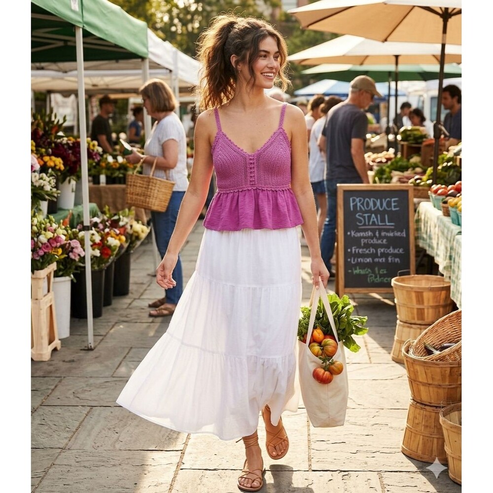 NWT Old Navy Boho Cottage Crochet Tank Top Pink Purple L Stretch Shirring Back